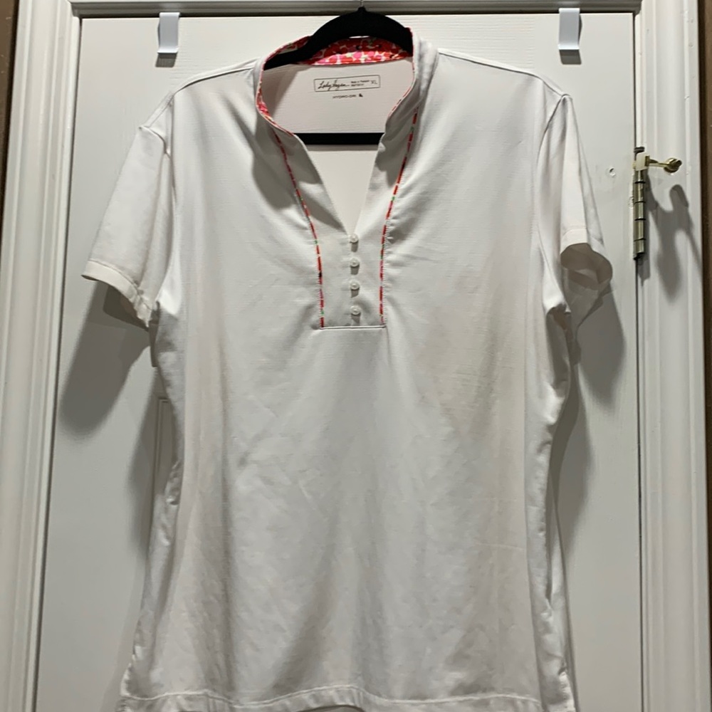 Lady Hagen XL Hydro-DRI white sht slv golf shirt. Coral & pink flower trim. EUC